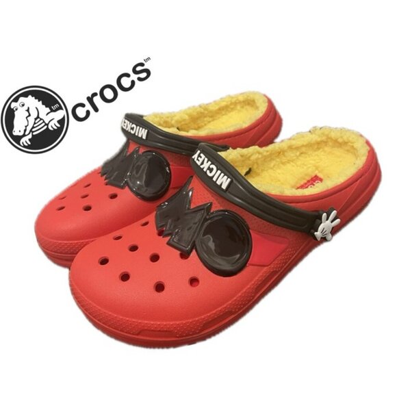CROCS CLOG DISNEY MICKEY MOUSE SZ 5J RED YELLOW FUZZY LINED KAWAII ICONIC MICKEY - Picture 1 of 16